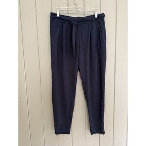 Garnet Hill Pants L Large Blue Navy Easy Everyday Knit Trousers Stretch Belted